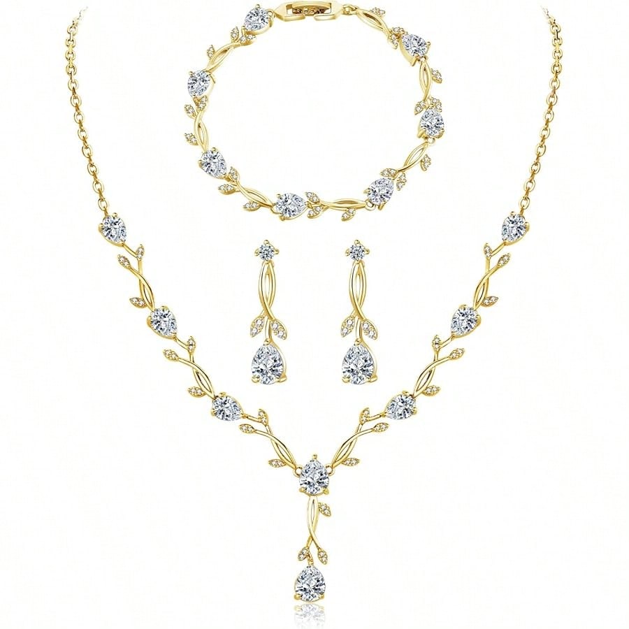 Free Shipping Jewelry Set For Women, Necklace Dangle Earrings Bracelet Set With White AAA Cubic Zirconia, Allergy Free Wedding Party Jewelry For Bridal Bridesmaid